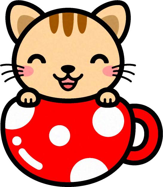 猫と水玉模様の丸いコップのイラスト/笑顔