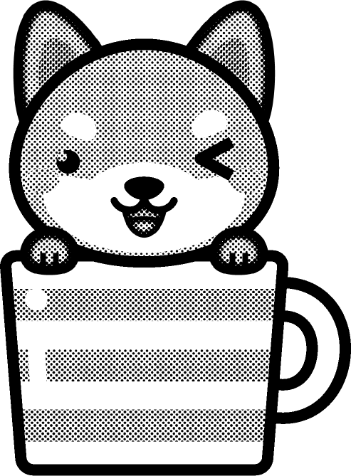犬と横縞模様のコップのイラスト/ウィンク/モノクロ