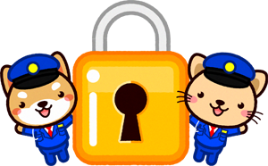 動物の警備員と鍵のイラスト/シバイヌとトラネコ