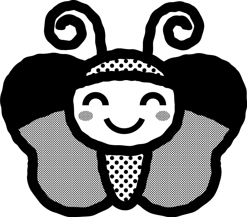 かわいい虫イラスト_蝶_にっこり_モノクロ（白黒）