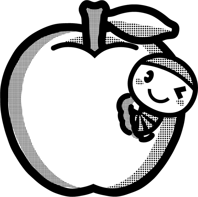かわいい芋虫のイラスト_リンゴ_モノクロ（白黒）