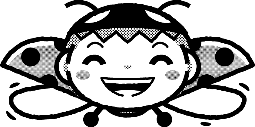 かわいいテントウムシのイラスト_飛ぶ_笑顔_モノクロ（白黒）