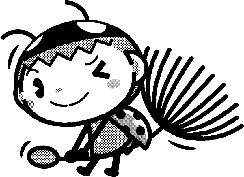 かわいいテントウムシのイラスト_タンポポの綿毛_ウィンク_モノクロ（白黒）