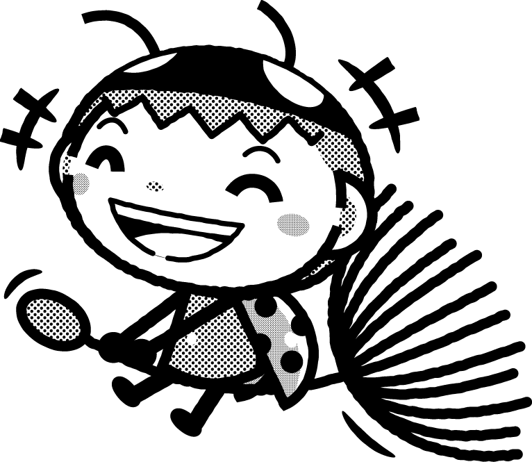 かわいいテントウムシのイラスト_タンポポの綿毛_笑う_モノクロ（白黒）