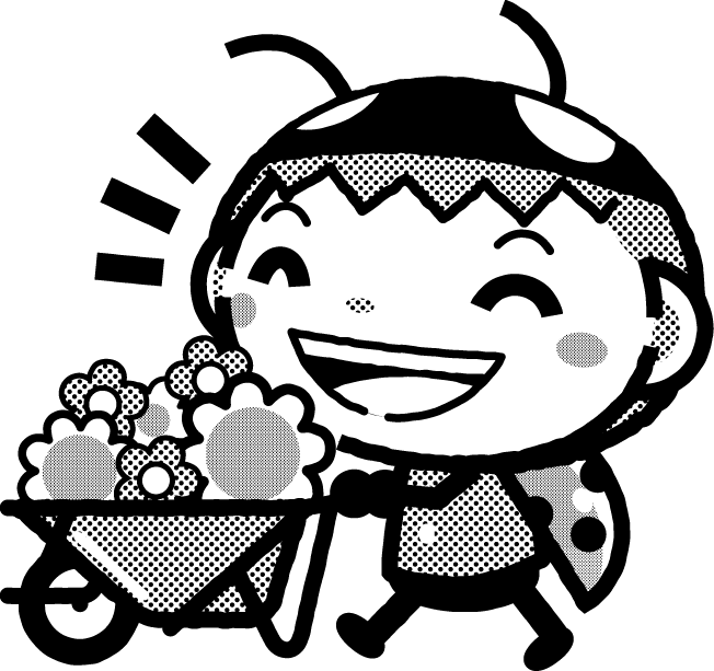 かわいいテントウムシのイラスト_花を集める_モノクロ（白黒）