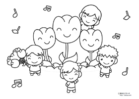チューリップの花と子供達の塗り絵