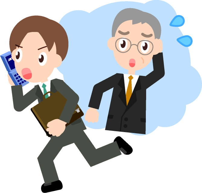 仕事のトラブル発生！電話をしながら急ぐ男性社員のイラスト