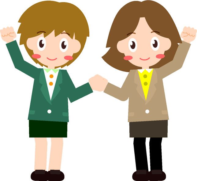 女性社員が手をつないで頑張るぞ！イラスト