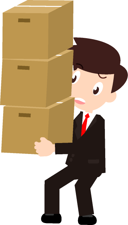 重いよ～、仕事の書類が入った段ボールをたくさん持つサラリーマンのイラスト