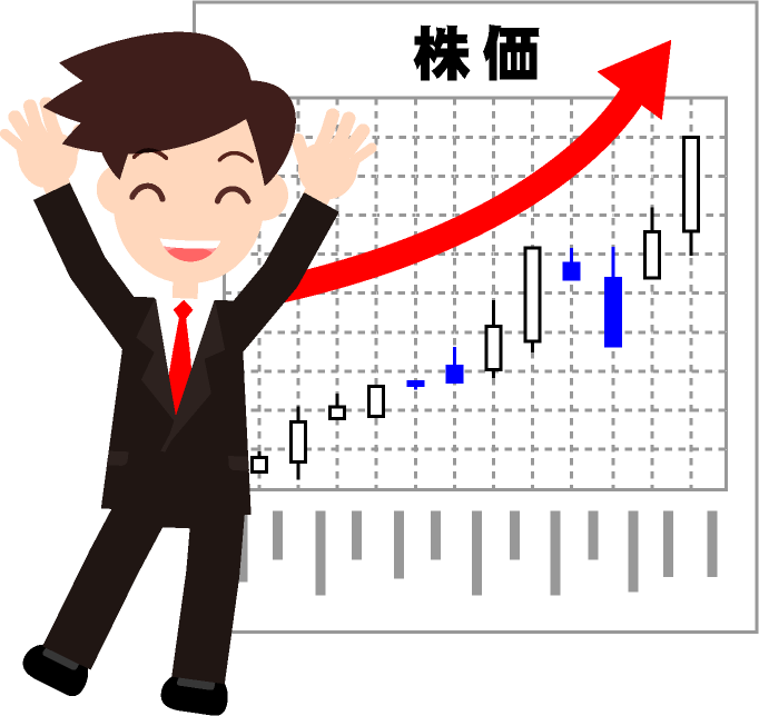 株価が好調で万歳をして喜ぶサラリーマンのイラスト