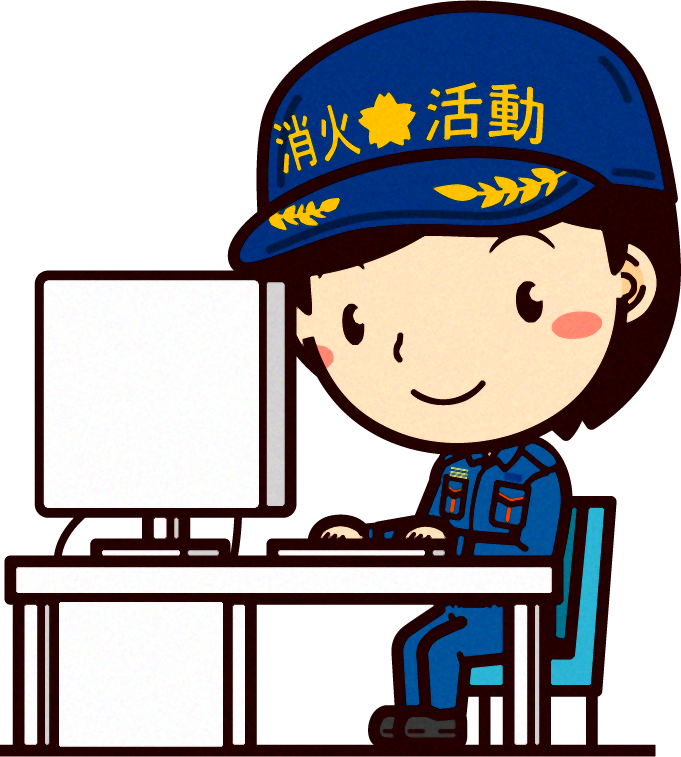 しつむ服を着た女性の消防士イラスト/パソコンに向かって作業する