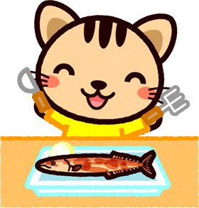 焼けた秋刀魚を食べるネコ