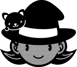 魔女の顔と黒猫イラスト/モノクロ