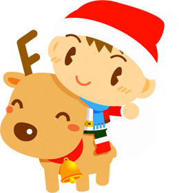 トナカイに乗って手を振るサンタクロース衣装の男の子イラスト