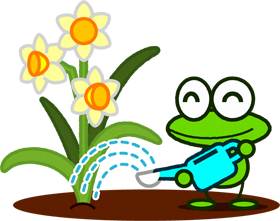 水仙に水やりをする蛙のイラスト