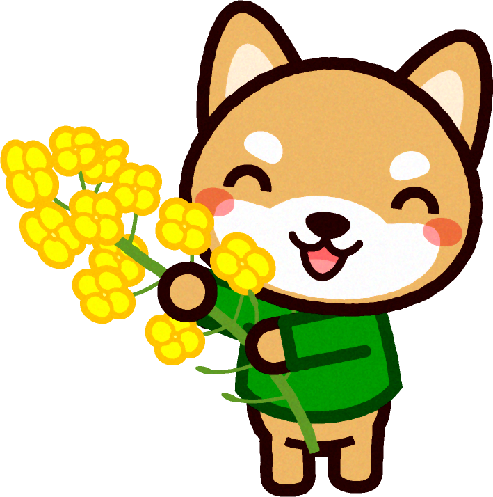 菜の花を持つ柴犬のイラスト