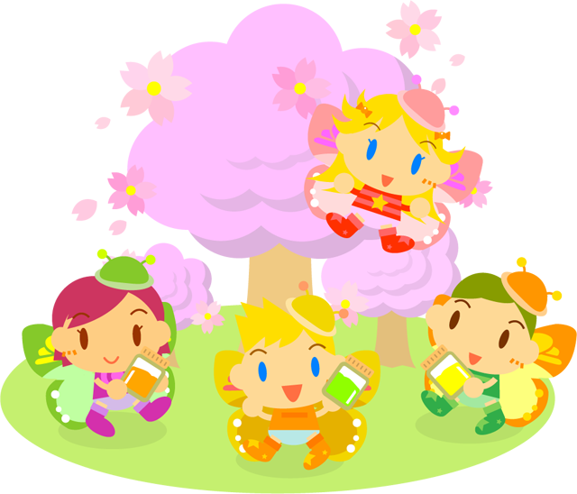 桜の下で遊ぶちょうちょ姿の子供たちイラスト