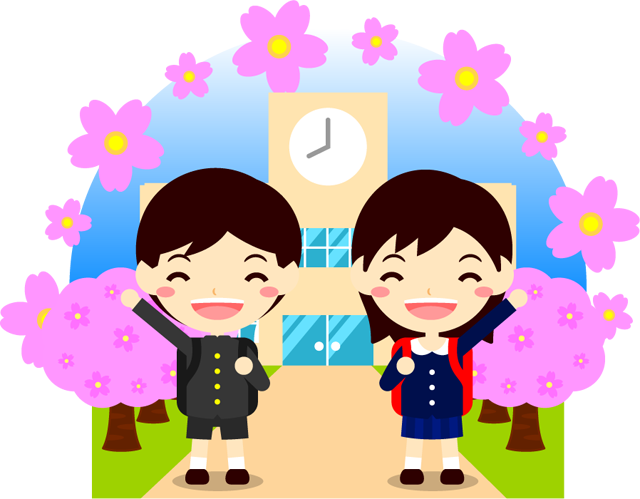 入学する小学生イラスト/桜咲く学校