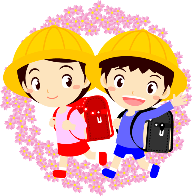 通学する小学生と桜の花イラスト