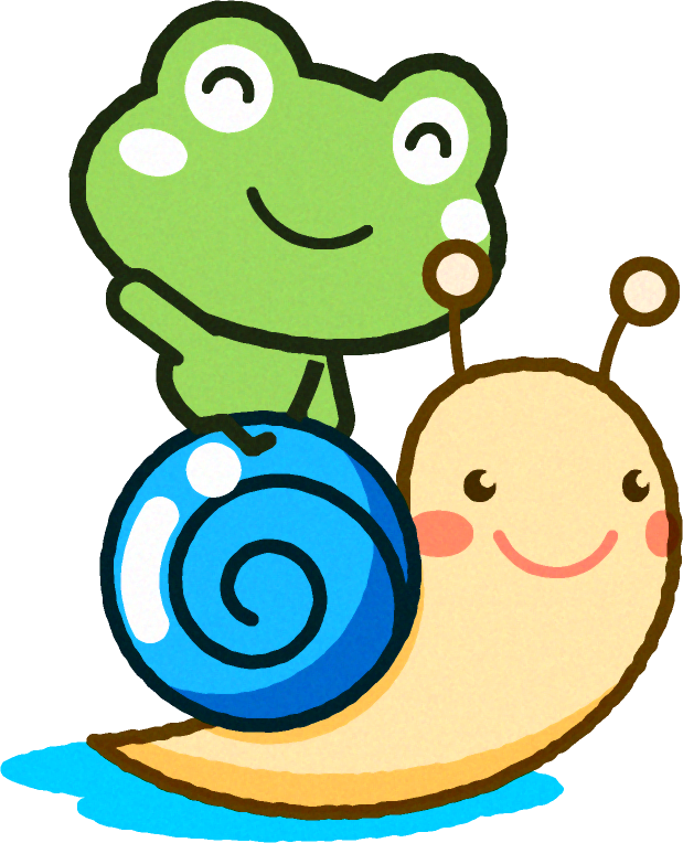 ハカタツムリに乗って手を振るカエルのイラスト