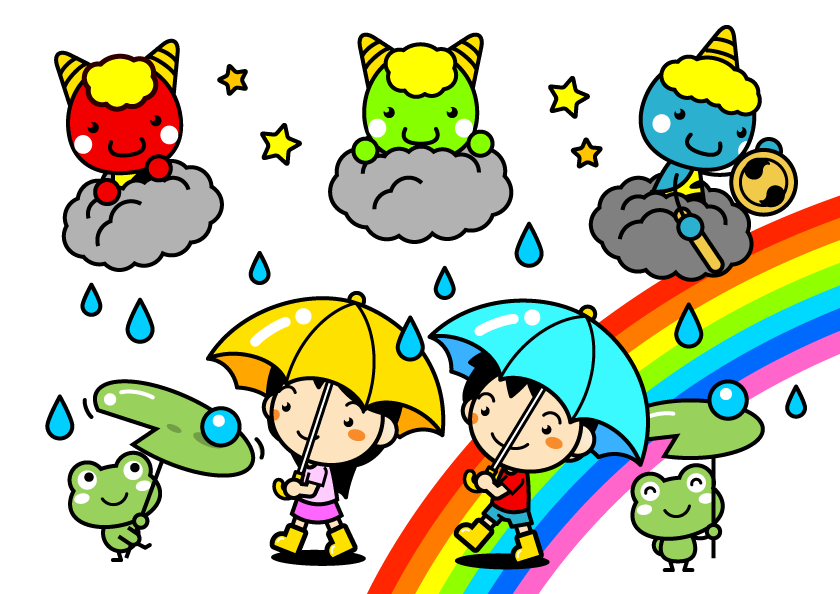 雨を降らす鬼と雨上がりの虹イラスト