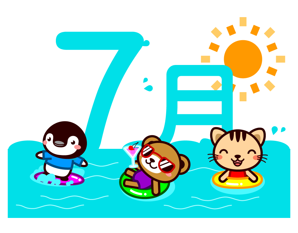海で泳いだりサーフィンをする動物イラスト