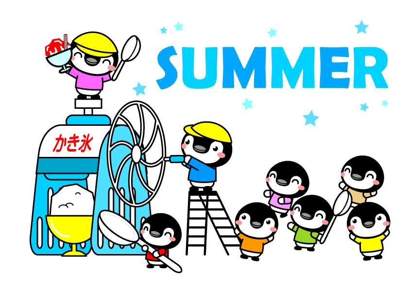 夏とペンギンのかき氷屋さんイラスト