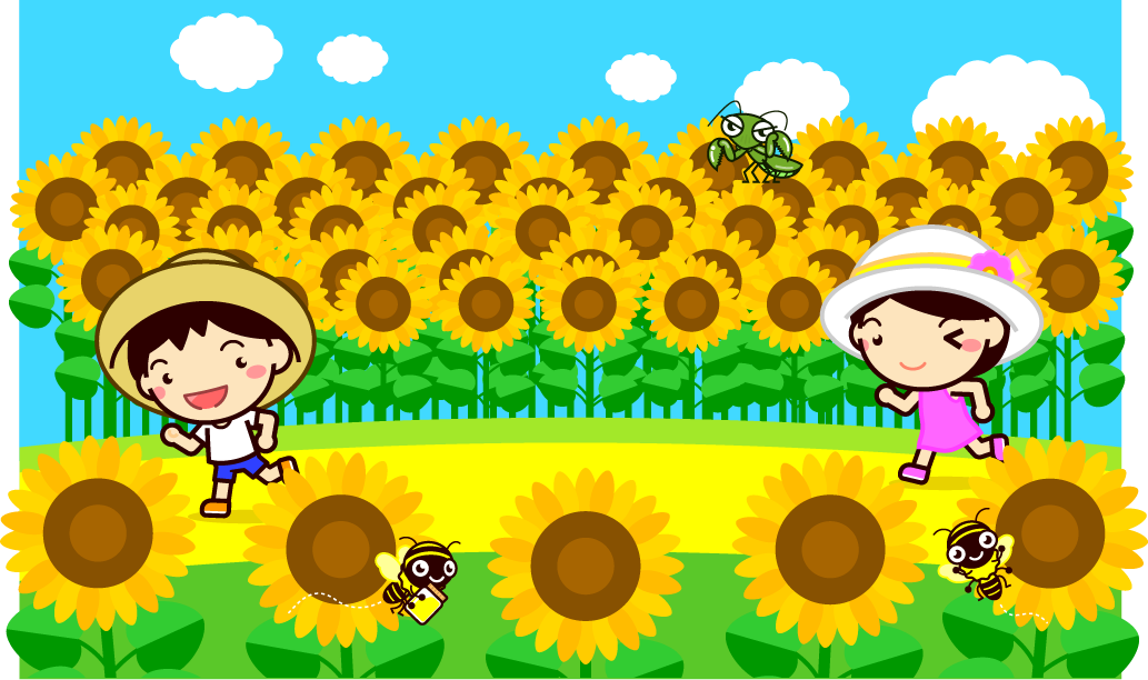 ひまわりの街道を走る子供達イラスト