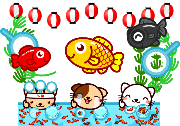 祭りで金魚すくいを楽しむ猫イラスト