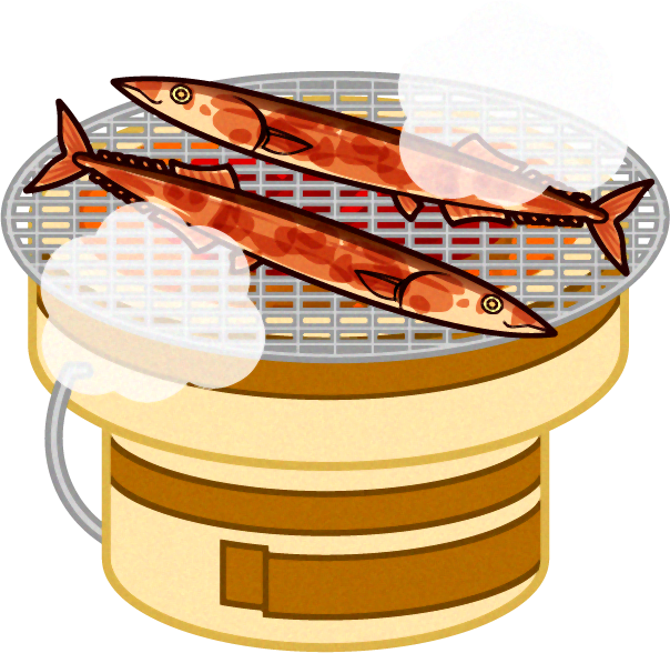 七輪で秋刀魚を焼くイラスト