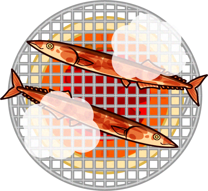 七輪で秋刀魚を焼くイラスト/上