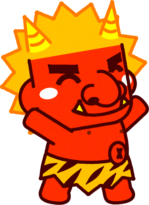 にっこり顔で歩いている赤鬼のイラスト