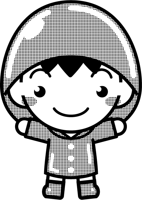 レインコートを着た子供のイラスト/男の子/黄色/モノクロ